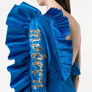 $6990 Gucci Silk Shantung Electric Blue Runway Dress with Gold Embellishments